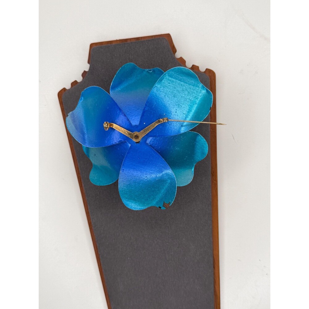 Vintage Sculptural Blue Ombre Metal Flower Statement Brooch Large Floral Pin - Picture 6 of 11